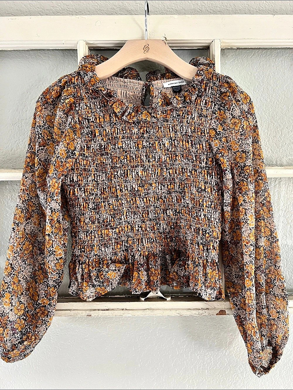 American Eagle AE Long-Sleeve Smocked Blouse Floral Orange & Black XS